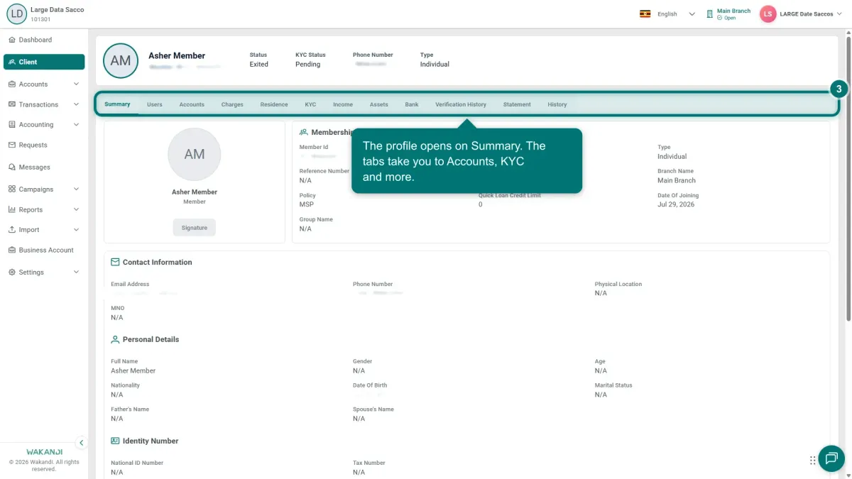 The member profile open on the Summary tab, with the tab strip highlighted