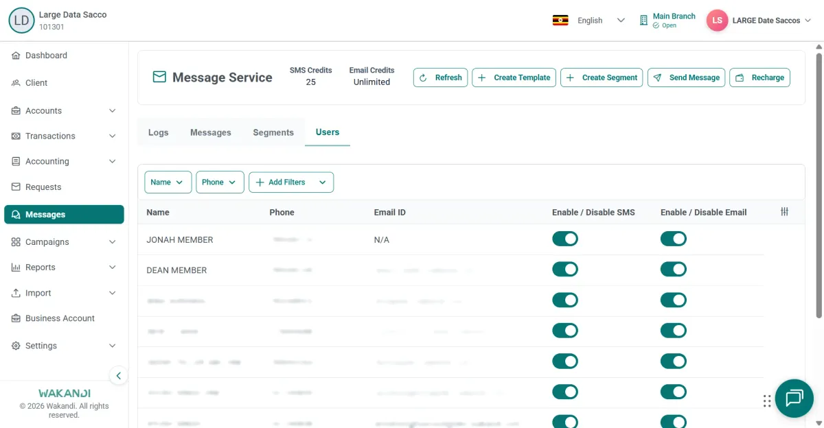 Users tab listing names, phone numbers and the Enable / Disable SMS and Email toggles