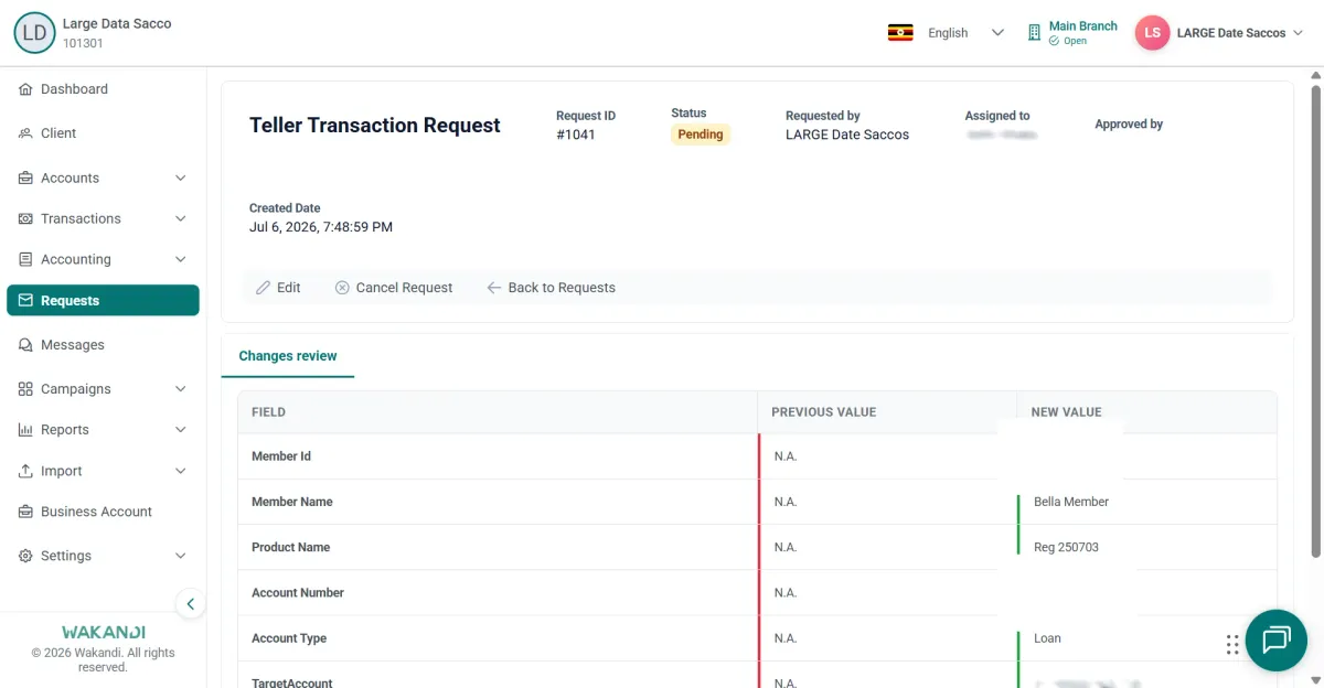 Teller Transaction Request details with header status Pending and Changes review rows for member, product and account
