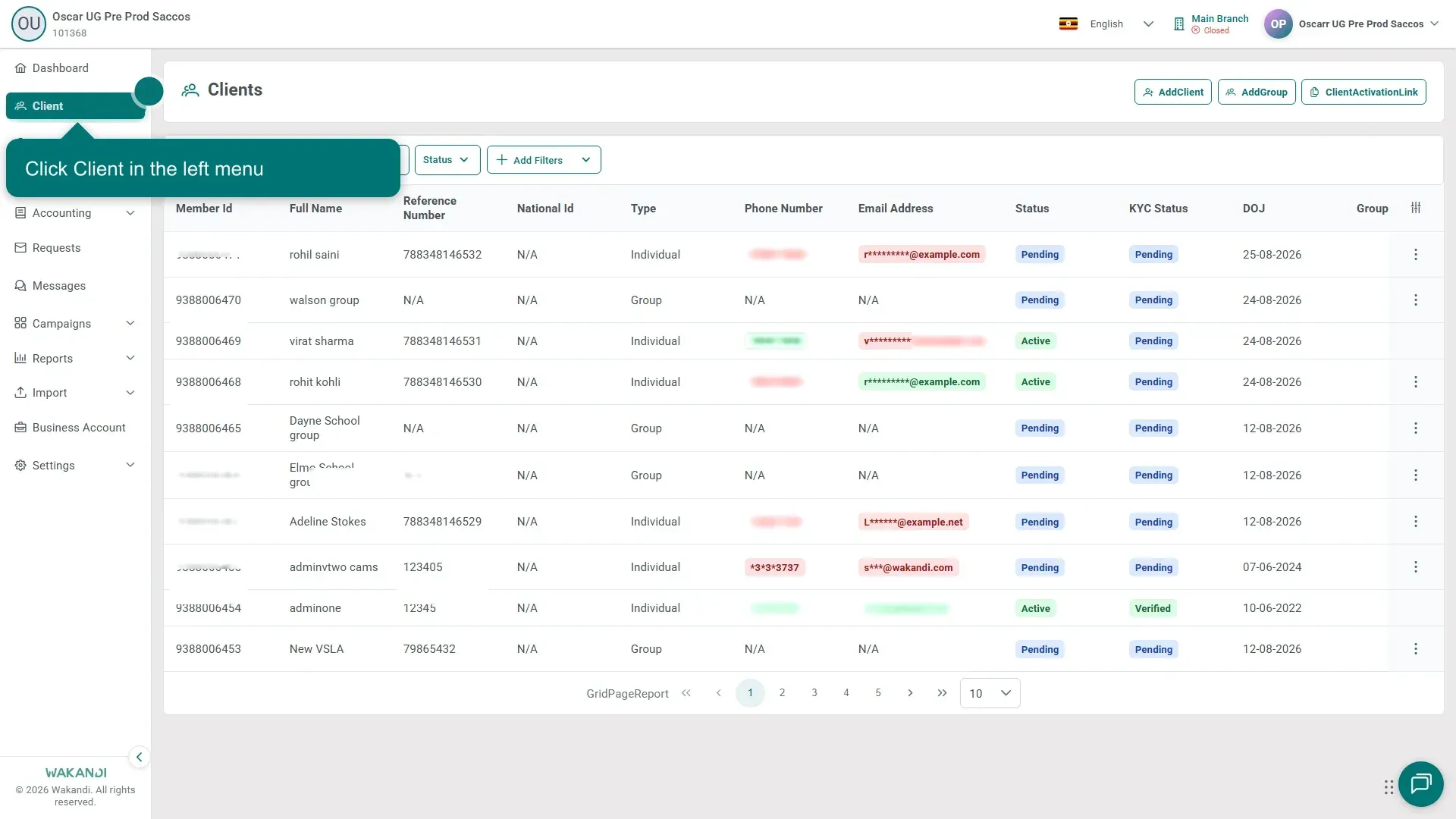 The Clients screen, with Client highlighted in the left menu