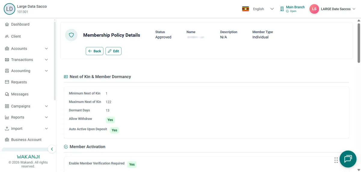 Membership Policy Details for an approved policy showing next of kin, dormancy and activation rules