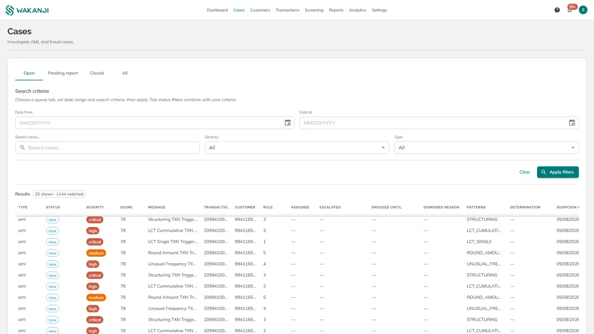 The Cases screen with the queue tabs above the search criteria and the results below