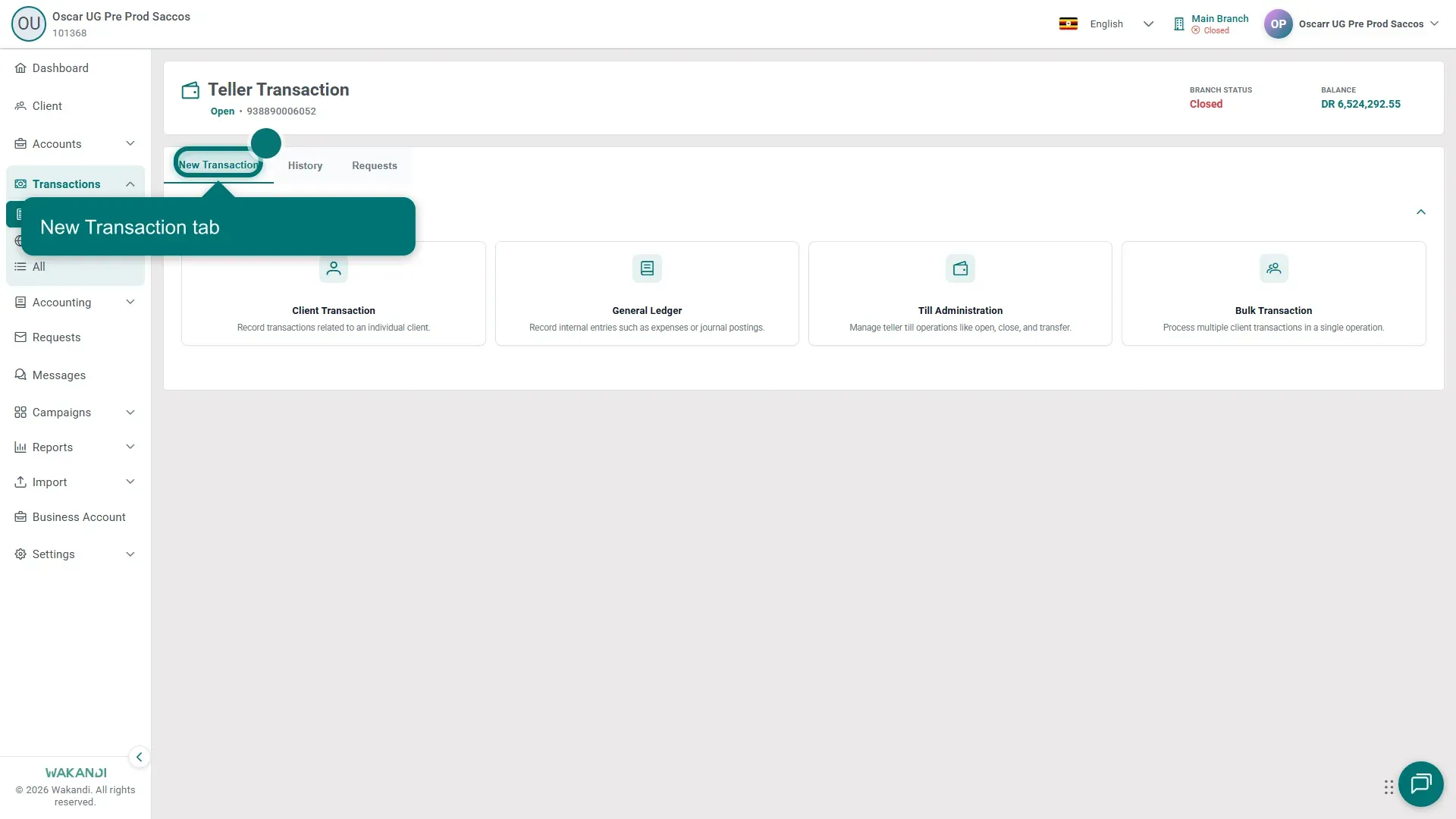 The Teller Transaction page with the New Transaction tab highlighted