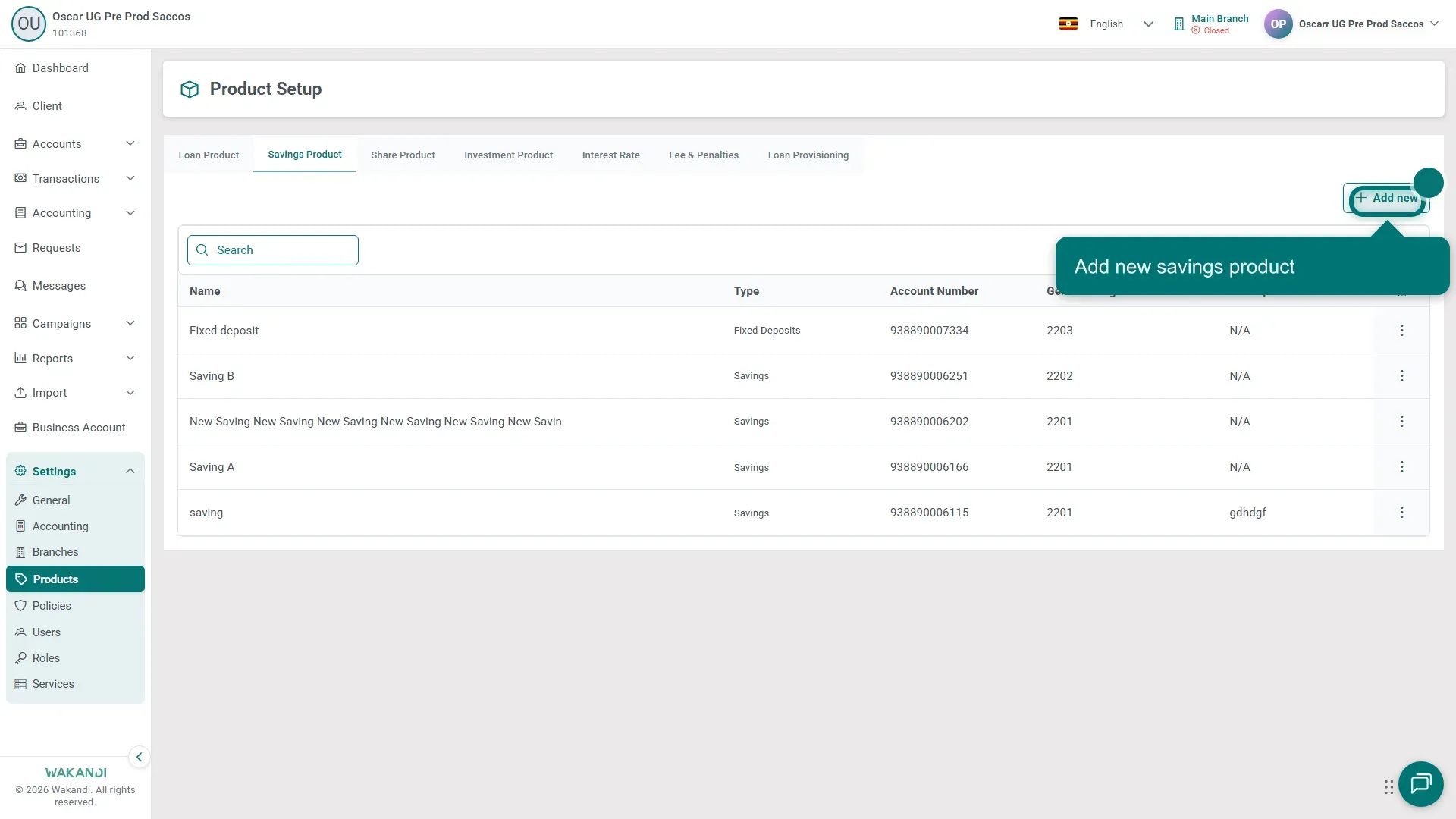 The Savings Product tab of Product Setup, with the savings product list and the Add new button at the top right