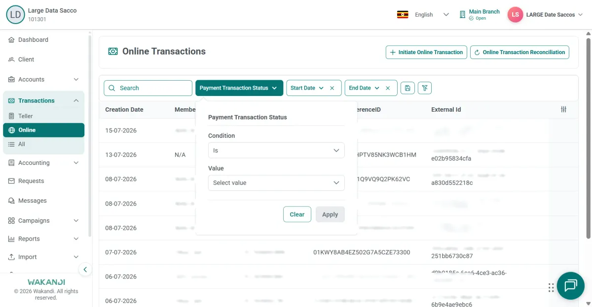 Payment Transaction Status filter open over the Online Transactions list with condition and value pickers