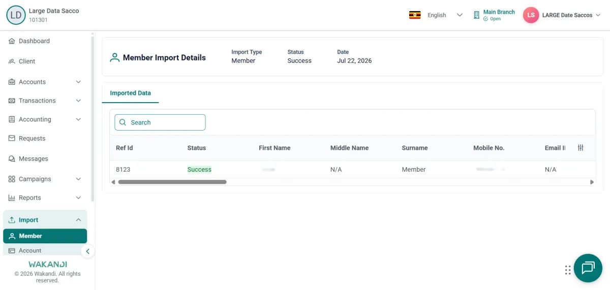 Member Import Details header with the Imported Data tab open, showing a member row marked Success