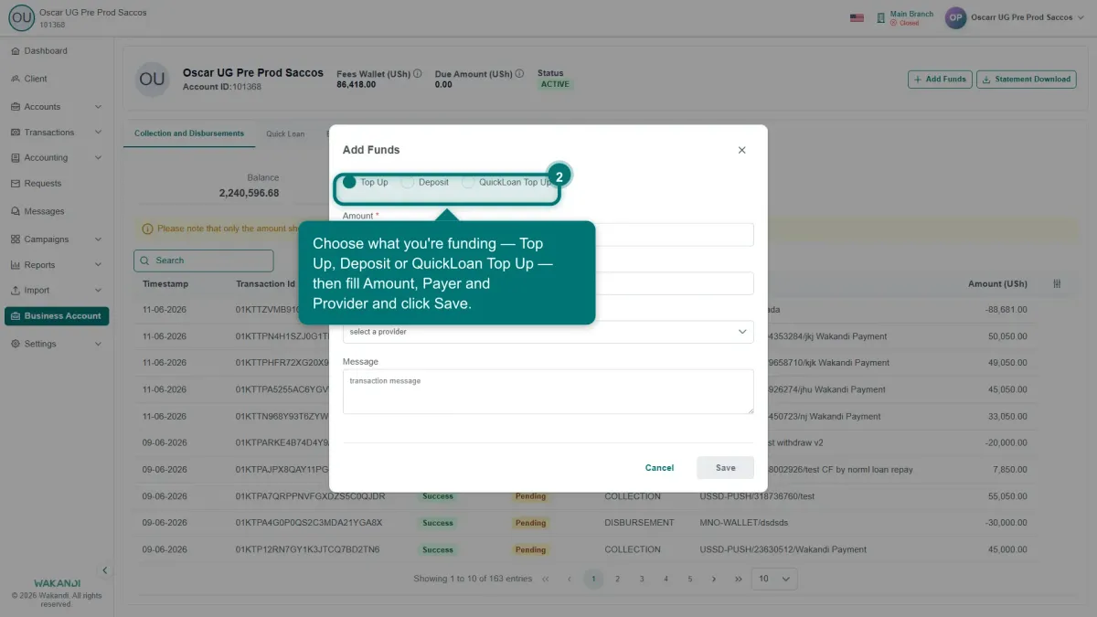 The Add Funds dialog with the Top Up, Deposit and QuickLoan Top Up choices and the Amount, Payer, Provider and Message fields