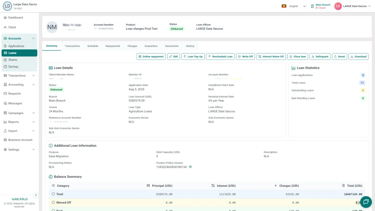 The loan Summary tab, where Loan Details and Disbursement Details confirm the amount and payout method before you disburse