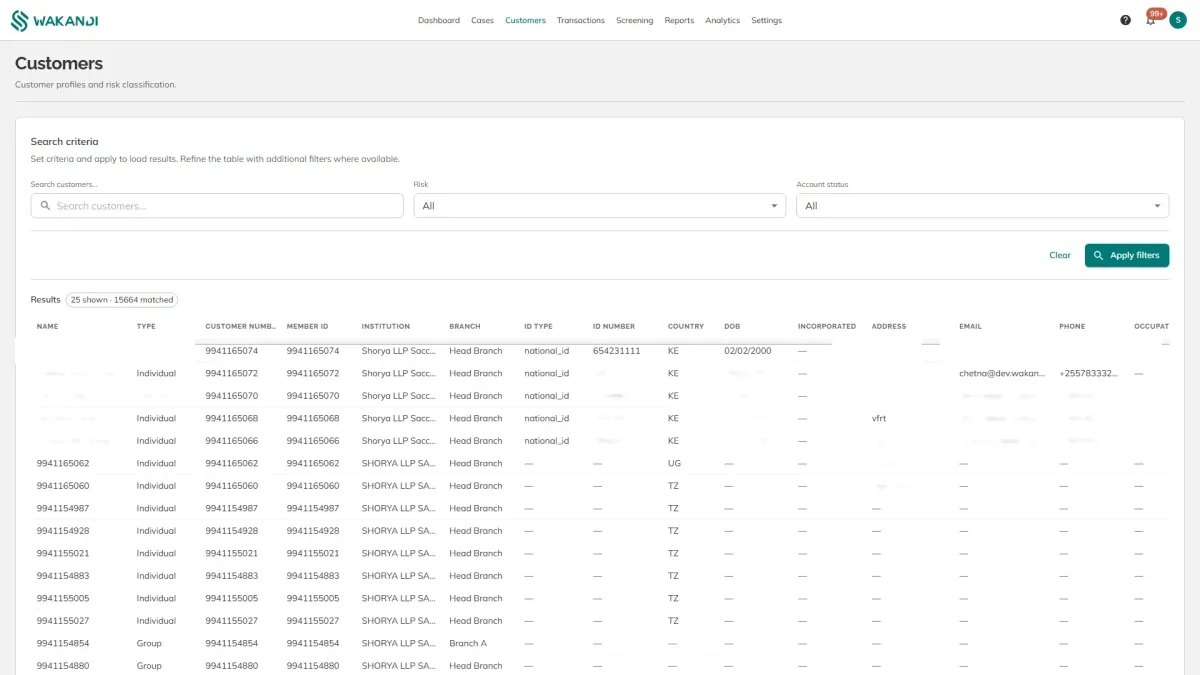The Customers screen filtered by risk, where each member's classification is visible