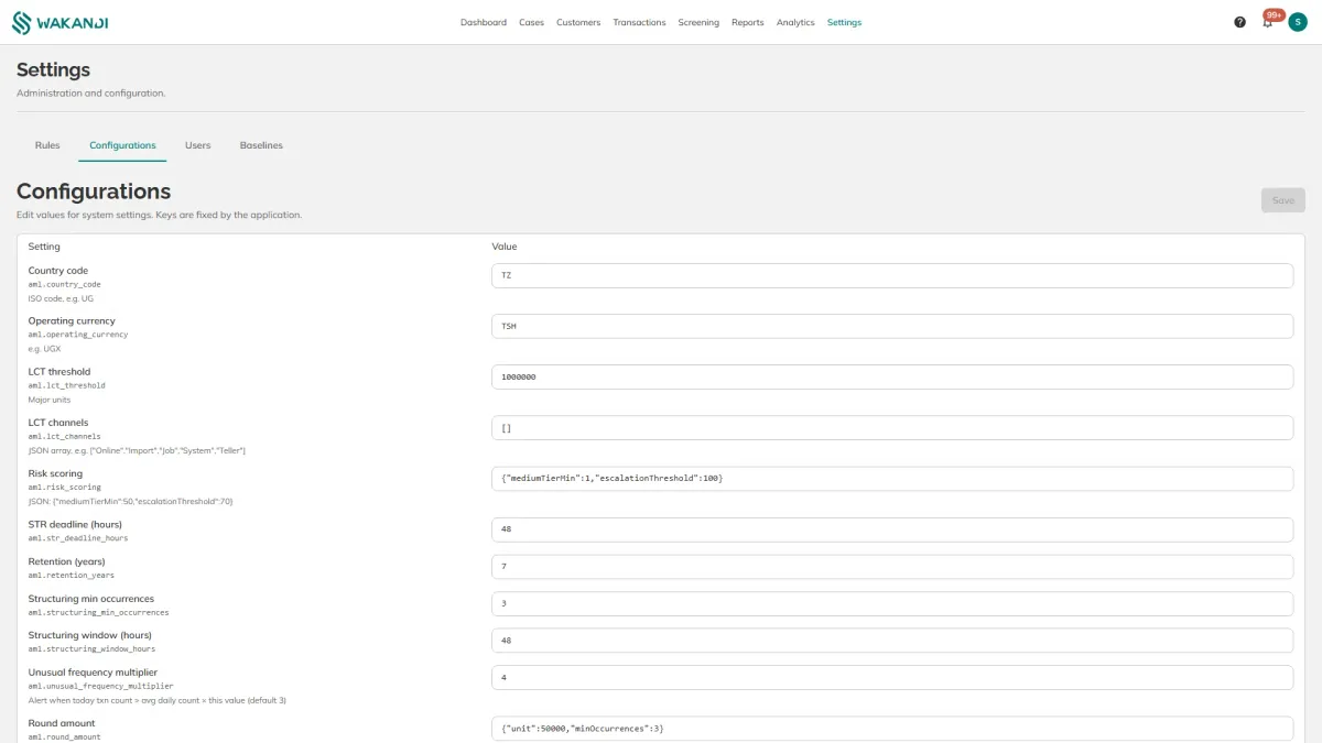 Settings, Configurations, listing each setting, its key and its value