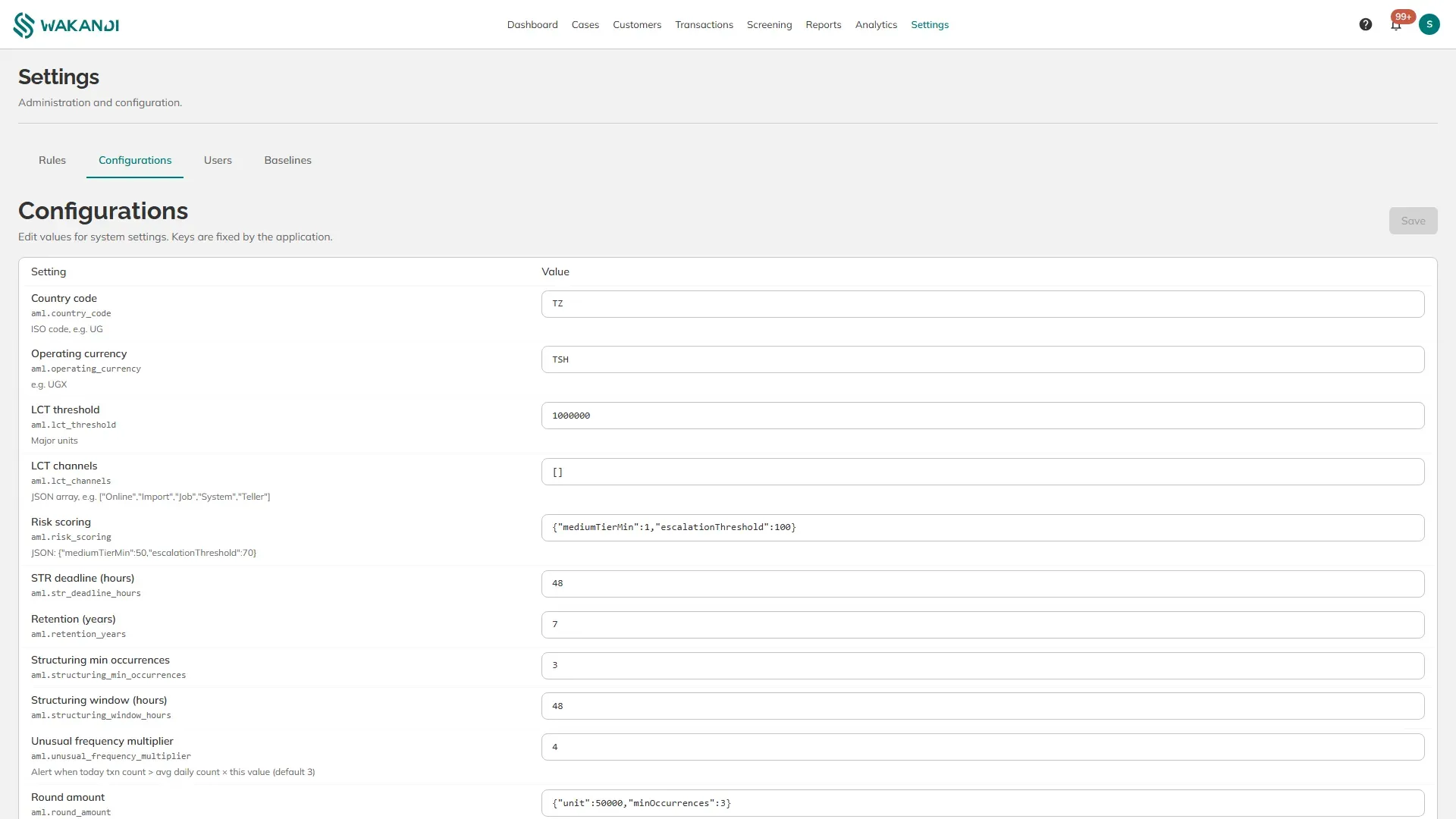 Settings, Configurations, listing each setting, its key and its value