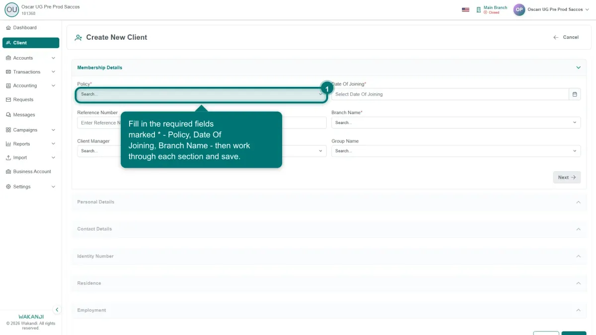 The Create New Client form, with an asterisk beside each required field