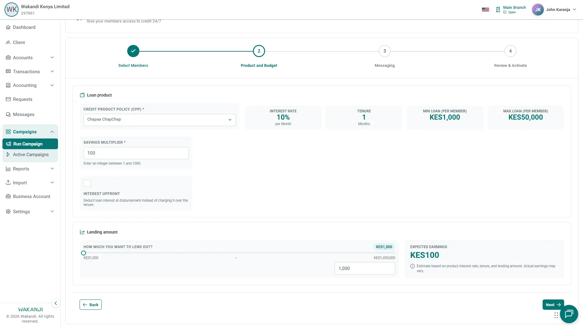 The Product and Budget step: Credit Product Policy and Savings Multiplier under Loan product, and the lending amount slider with Expected earnings