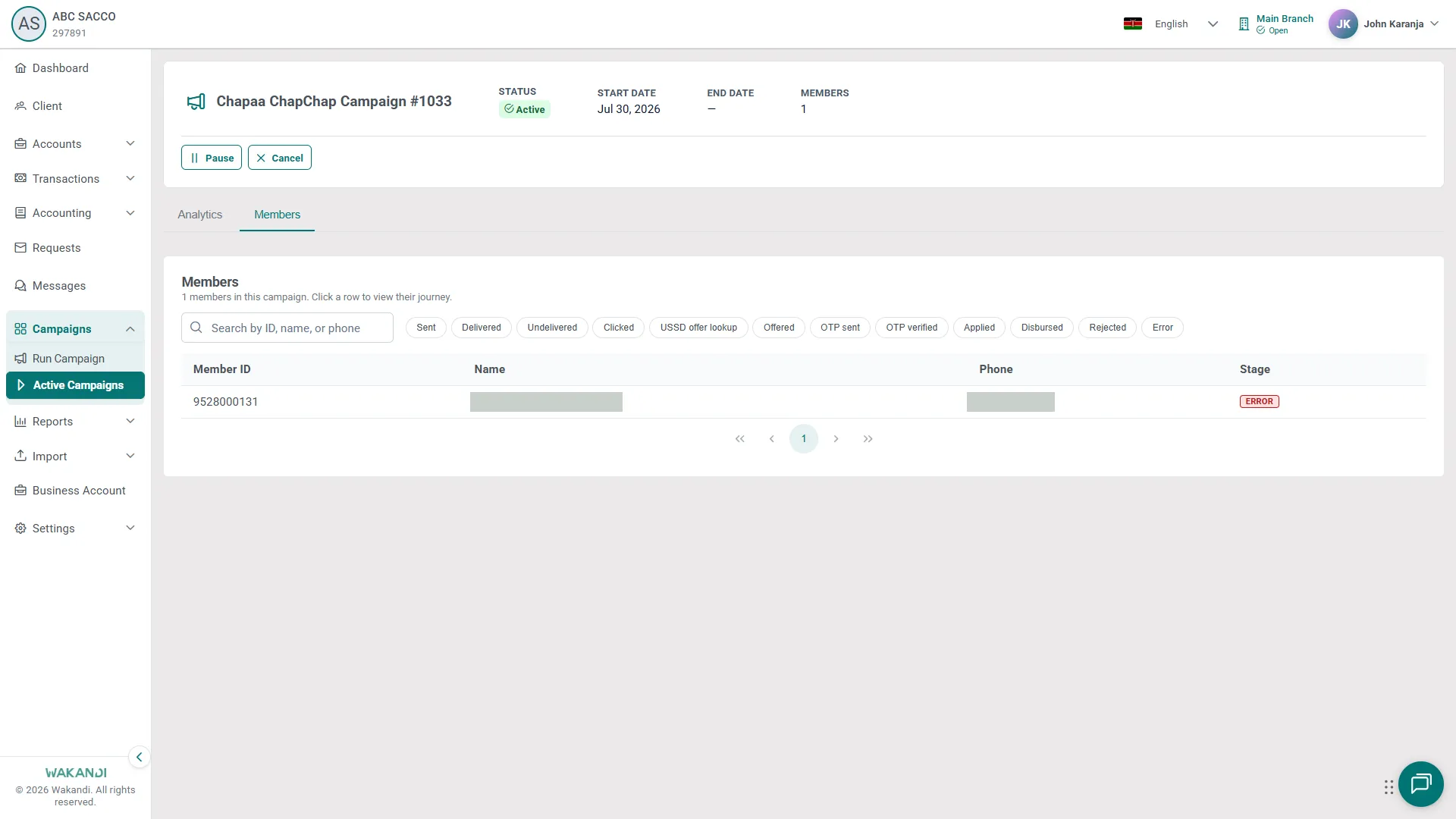 The Members tab: each member in the campaign with their stage badge, plus the stage filter buttons and the search box