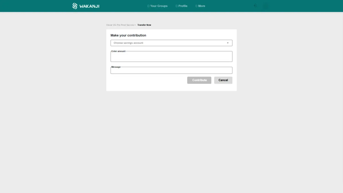 The Make your contribution form in the member app, where you pick a savings account, type the amount, add an optional message and tap Contribute