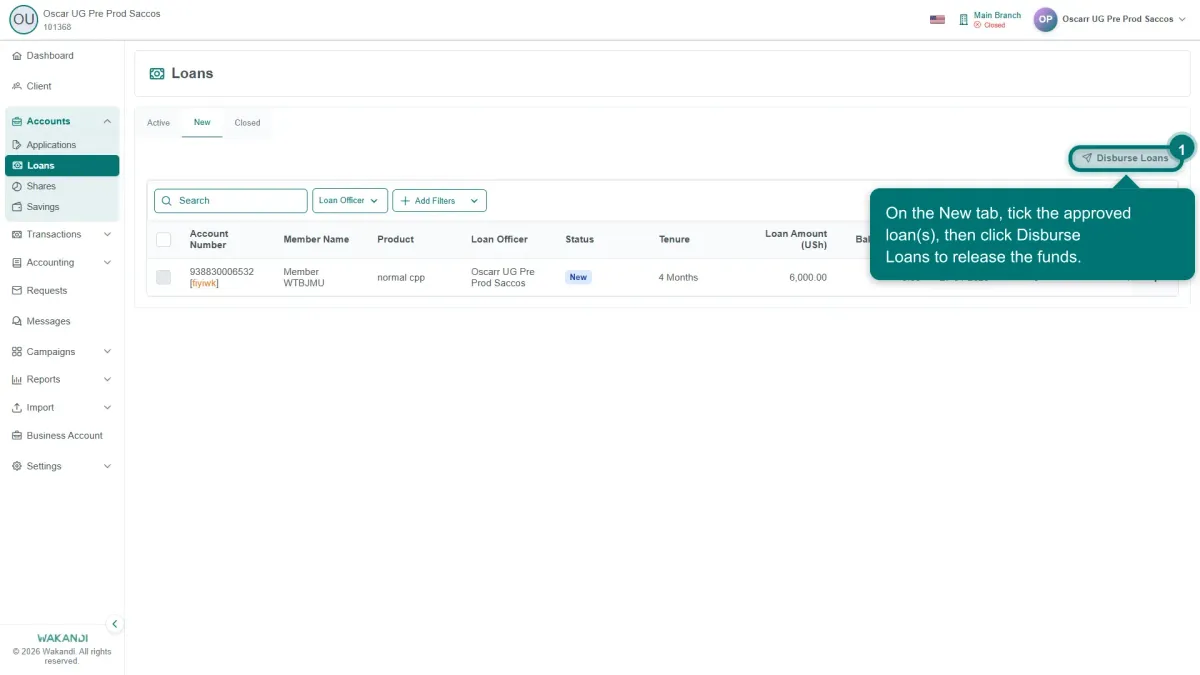 The Loans page on the New tab, listing loan accounts with status New that are waiting for payout