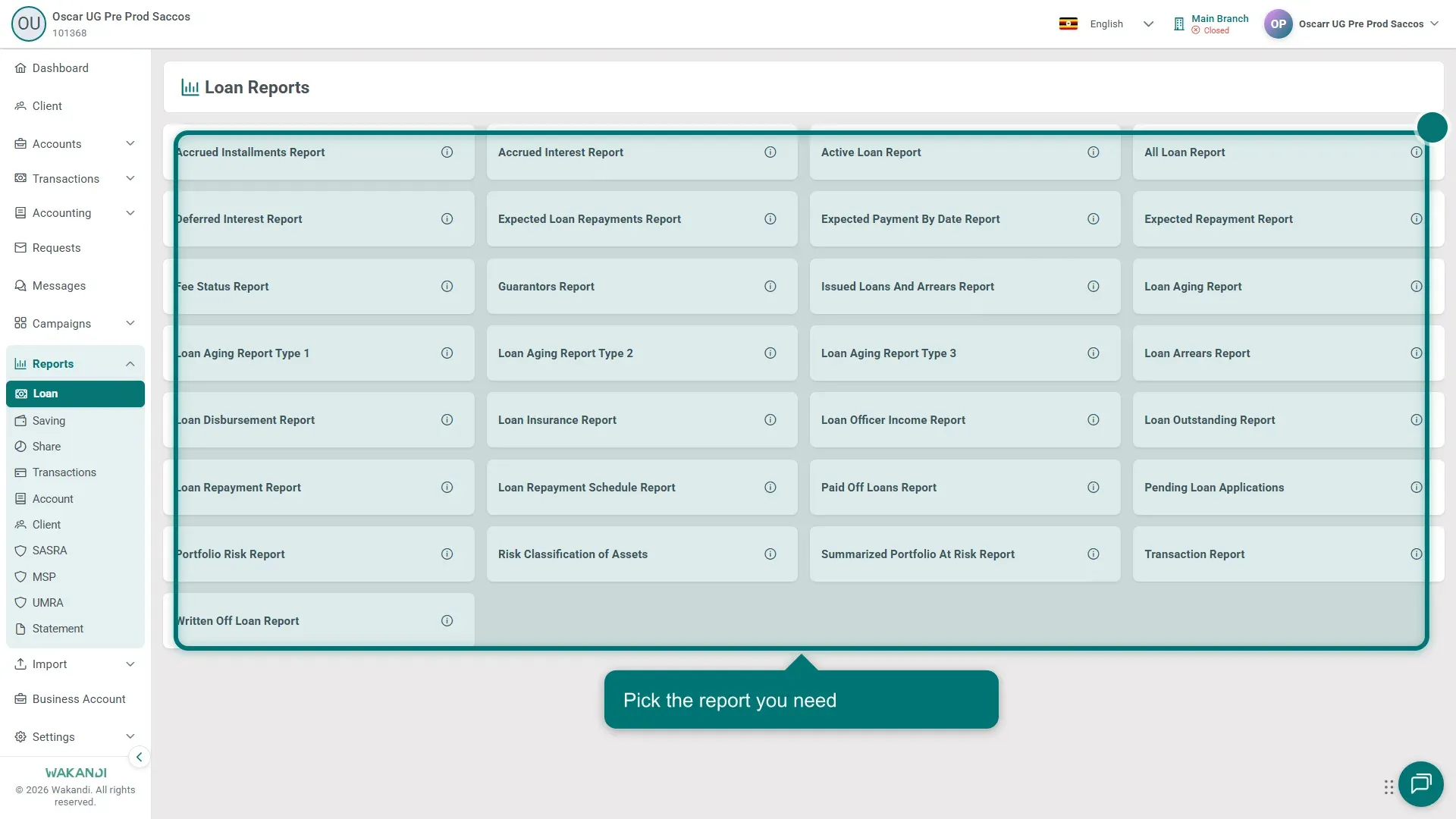 The Loan Reports hub reached from Reports then Loan, showing the grid of report cards
