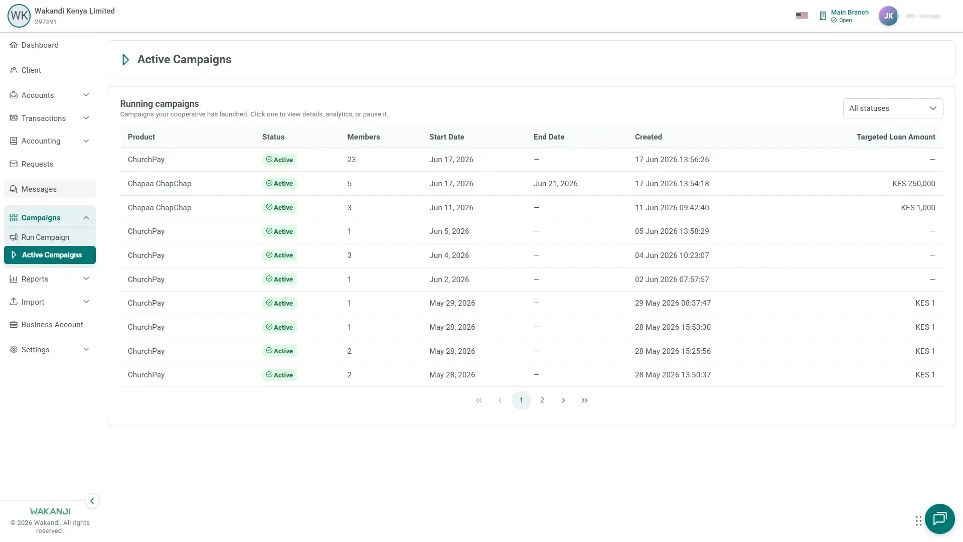 The Active Campaigns page: the Running campaigns table with product, status, members, dates and targeted loan amount