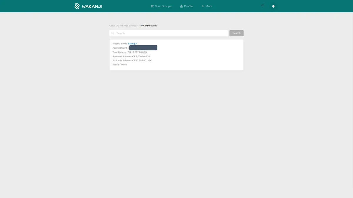 The savings screen in the member app, opened from My Contributions, showing a savings account card with product name, account number, total, reserved and available balance, and status