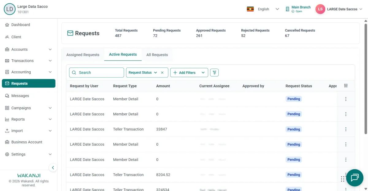 Active Requests tab listing pending Teller Transaction rows with amount, current assignee and status