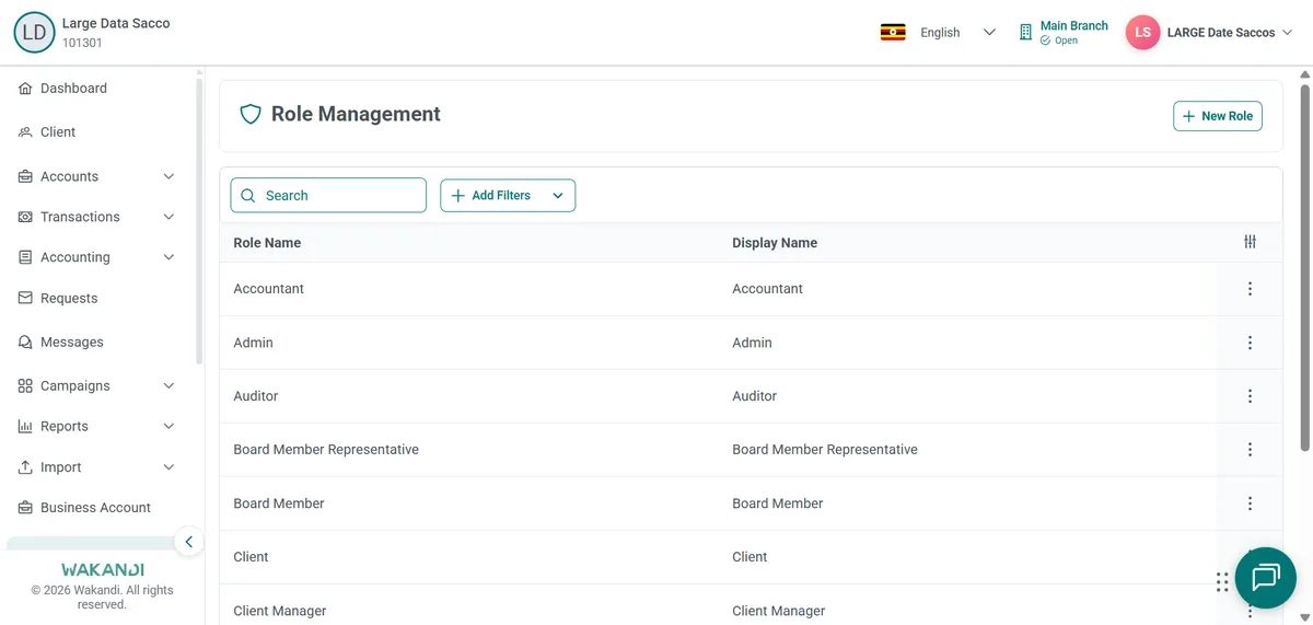 Role Management list showing Accountant, Admin, Auditor and other roles above a search box