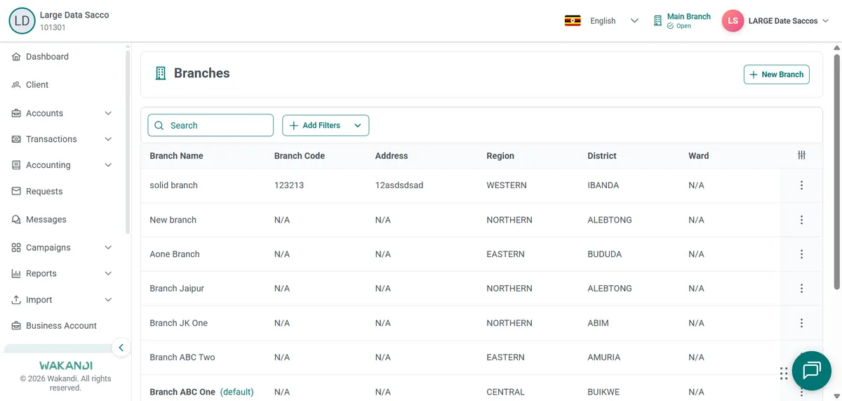 Branches list showing branch name, code, address, region and district columns with search box