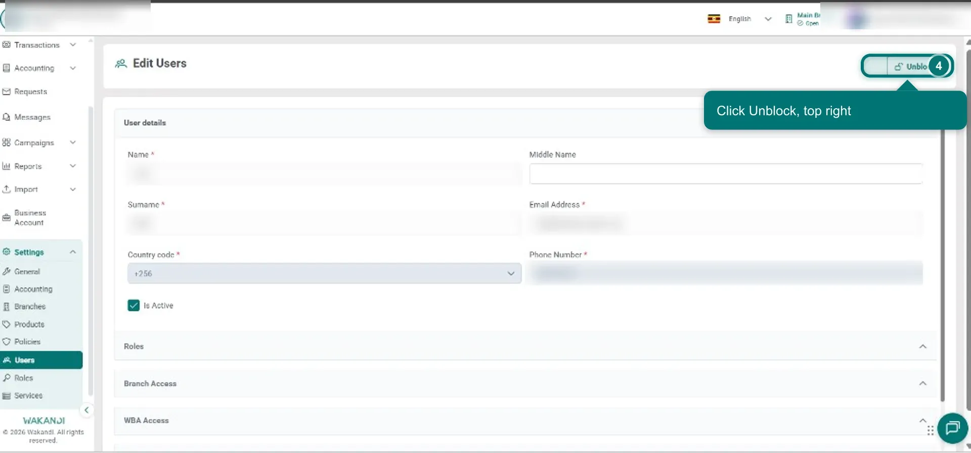 The Edit Users screen with the Unblock button at the top right highlighted