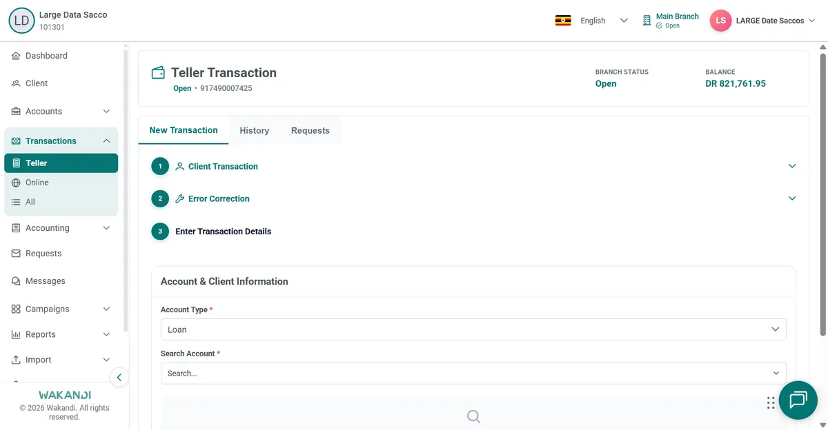 Error Correction details form with Account Type set to Loan and an empty Search Account field