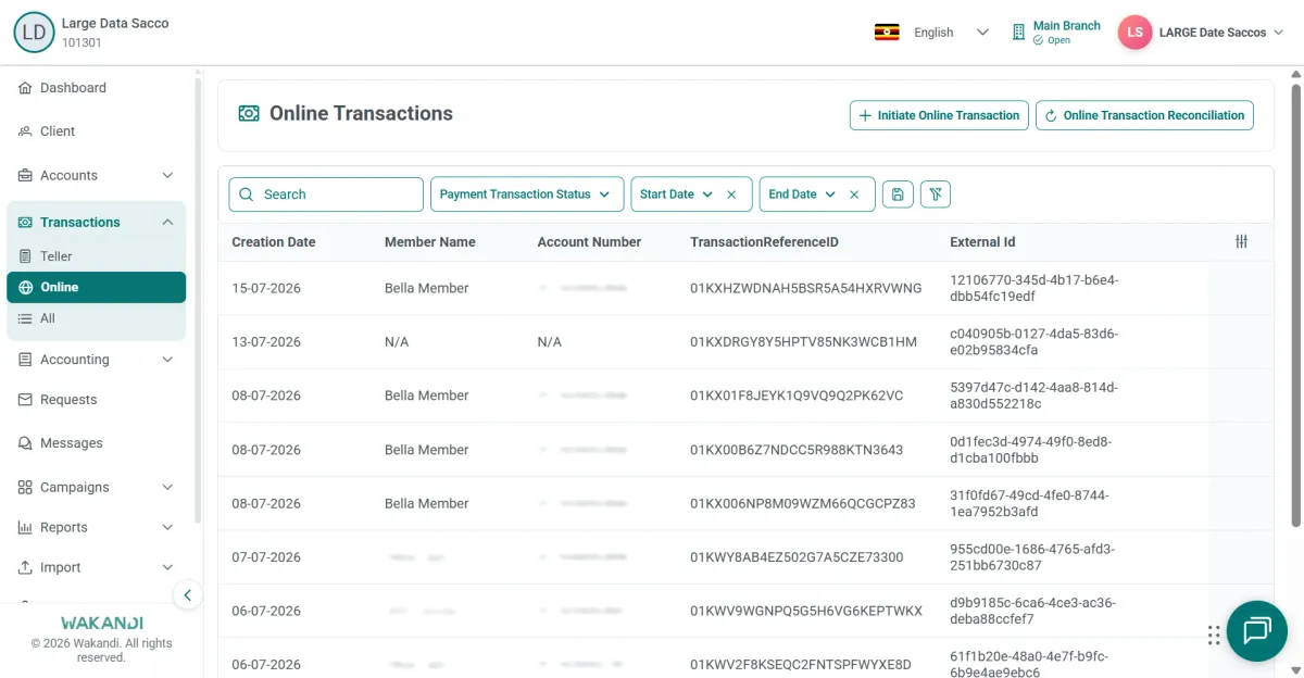 Online Transactions list with search, status and date filters above member rows and transaction reference IDs