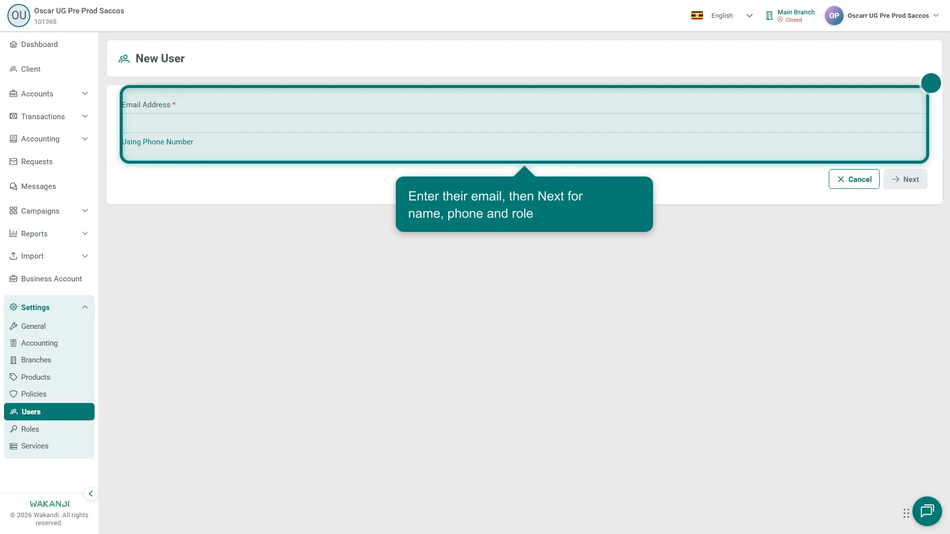 The Add User form, where you start by entering the new admin's Email Address