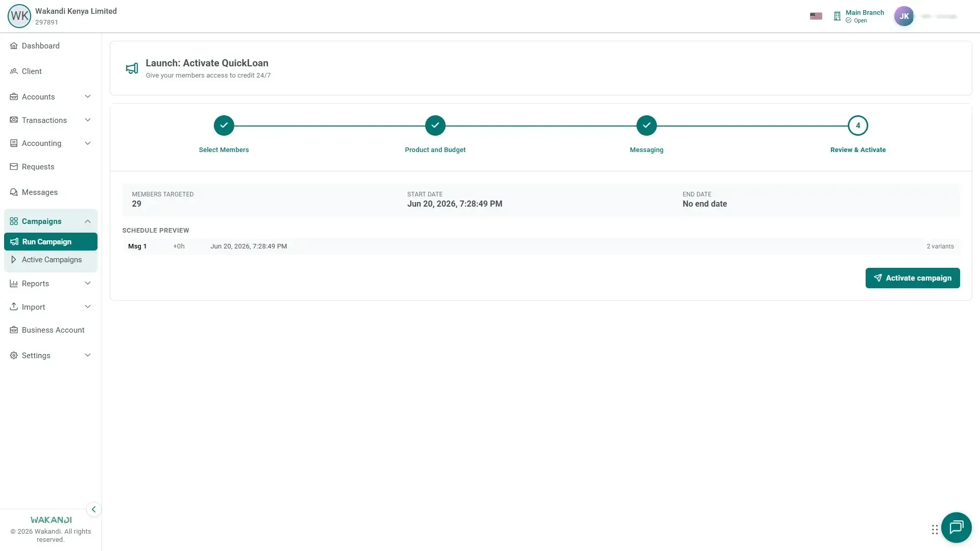 The Review and Activate step: members targeted, start and end dates, the schedule preview, and the Activate campaign button