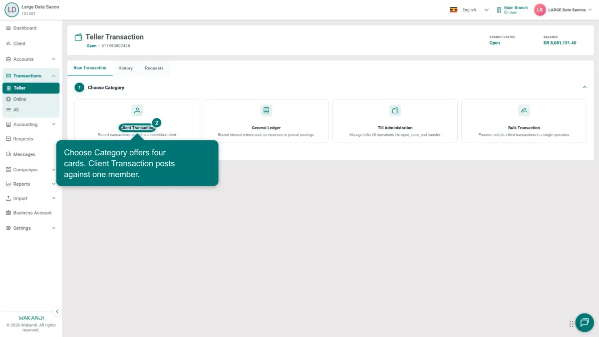 The Choose Category cards with Client Transaction highlighted