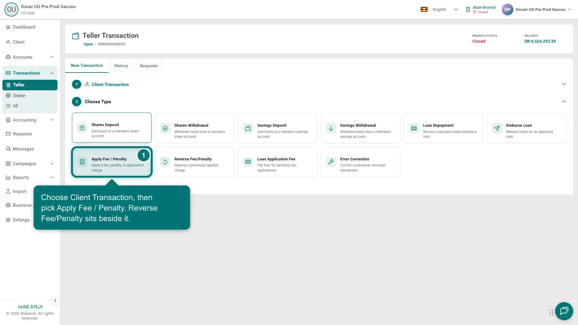 Teller Choose Type step with Apply Fee / Penalty and Reverse Fee/Penalty tiles