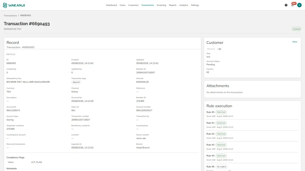 A transaction record rebuilt in full, with its flags and the checks that ran against it