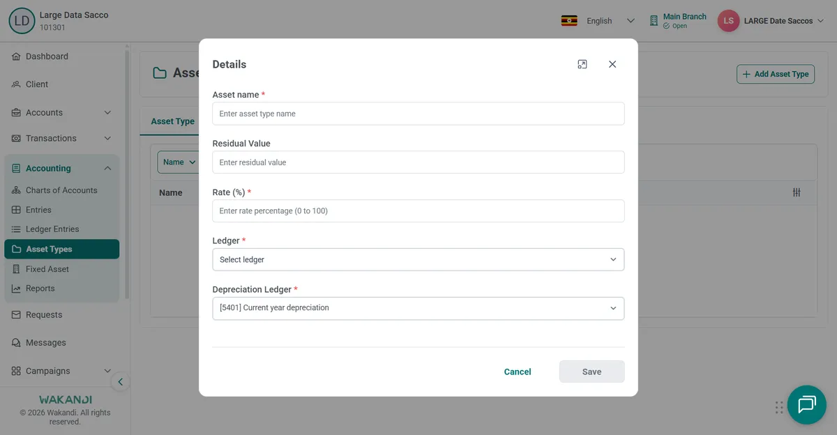 Details dialog for a new asset type with name, residual value, rate, ledger and depreciation ledger