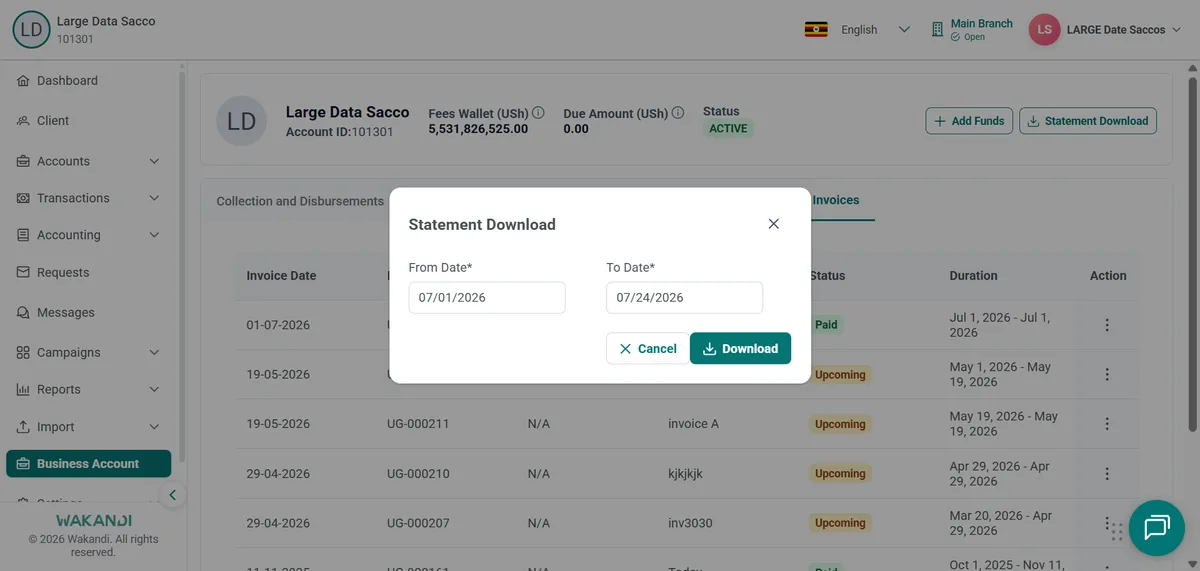 Statement Download dialog with From Date and To Date filled in and the Download button active