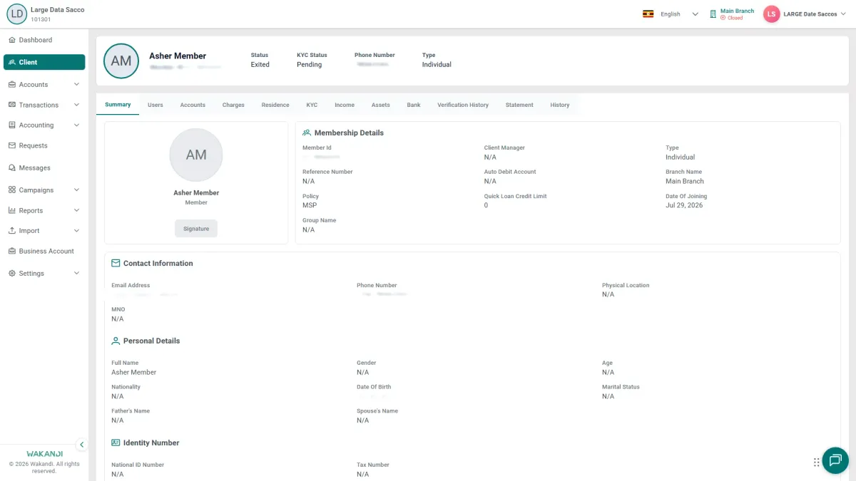 The member profile with the row of tabs where supporting details are stored, including Residence, KYC, Income, Assets and Bank