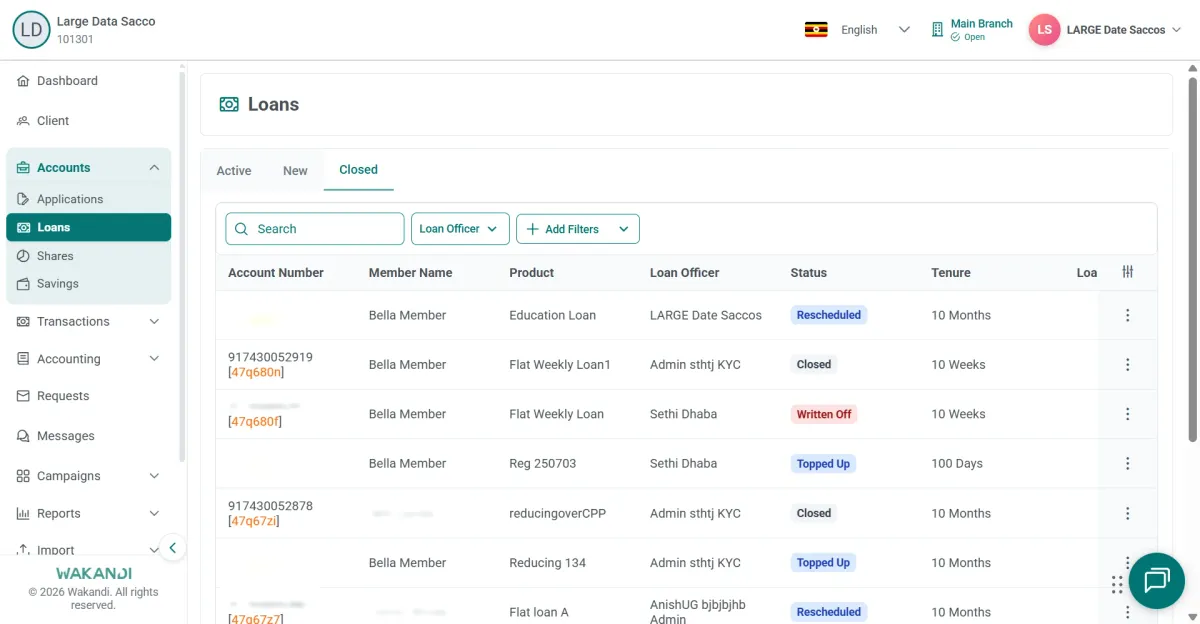 Loans Closed tab listing closed accounts, one row showing the status Written Off