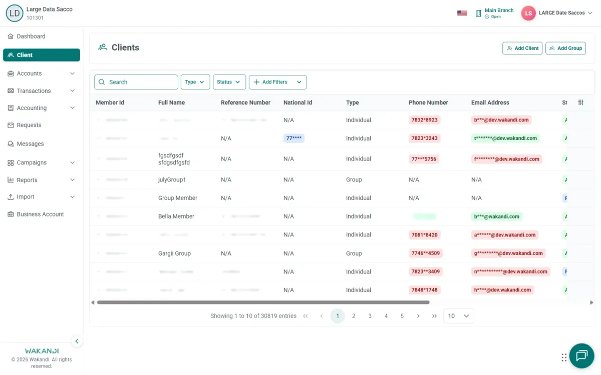 Clients list loaded with search box, type and status filters, and member rows showing Member Id