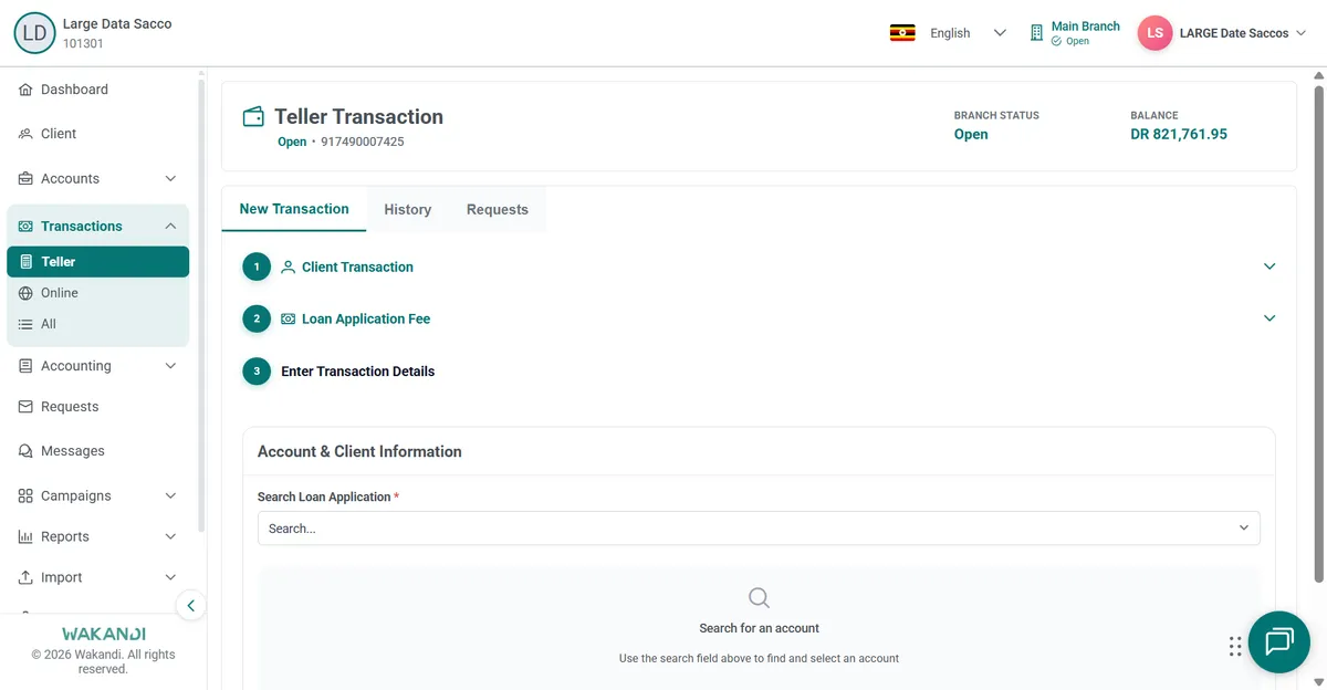 Teller New Transaction with Loan Application Fee chosen and the Search Loan Application field awaiting an account