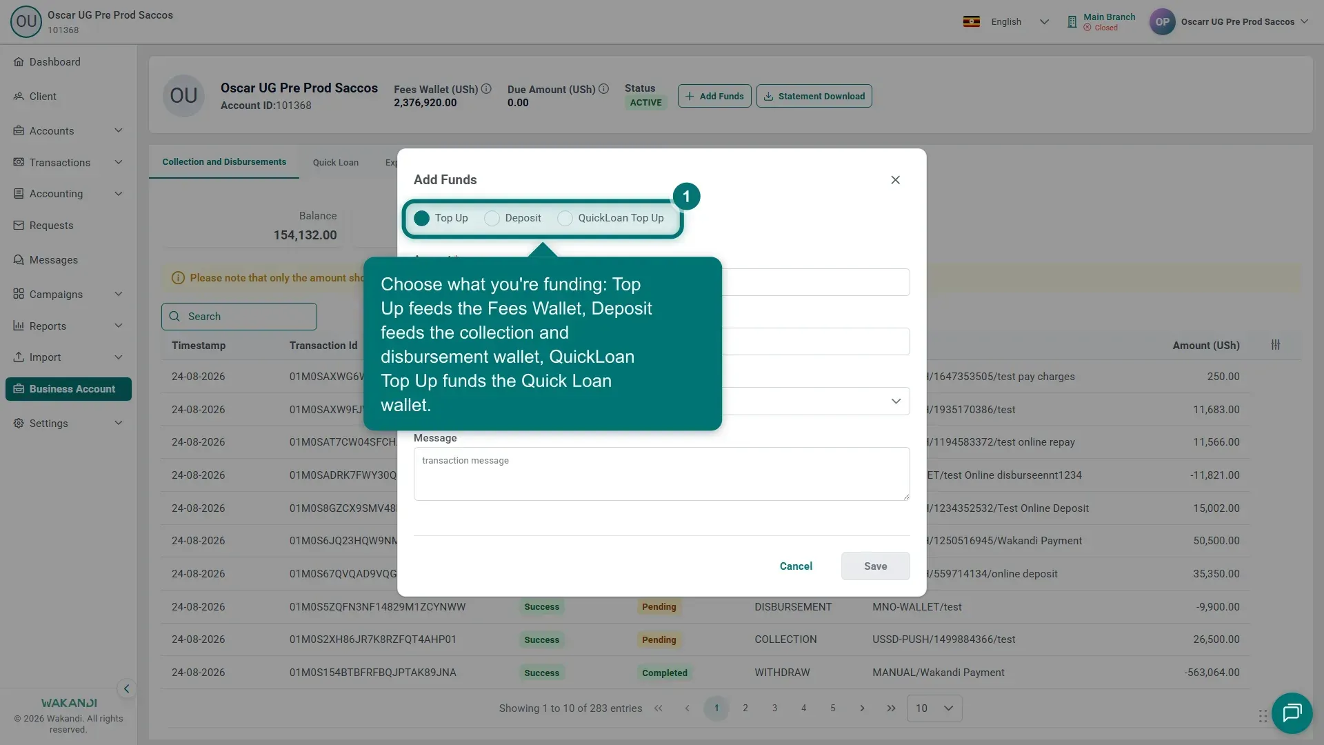 The Add Funds dialog with the Top Up, Deposit and QuickLoan Top Up choices highlighted
