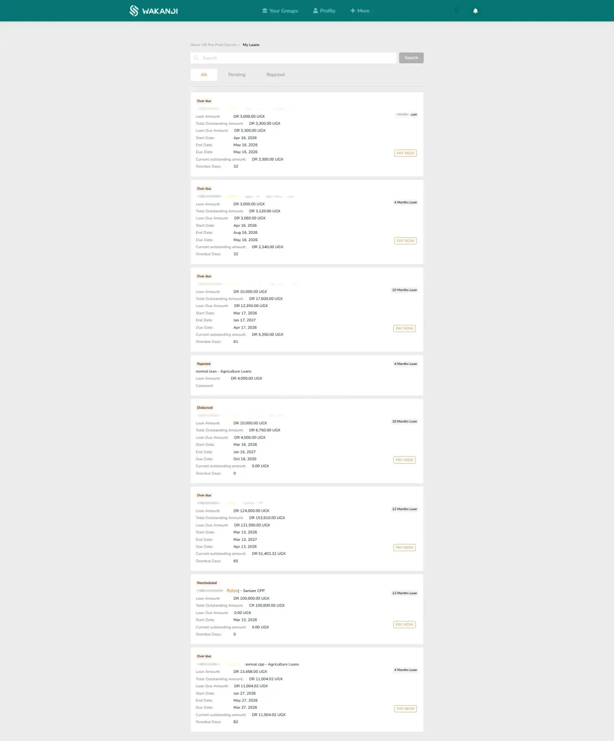 The My Loans screen: each loan card shows the loan amount, the total outstanding, the start and due dates and the loan status, with a Pay Now button for repaying