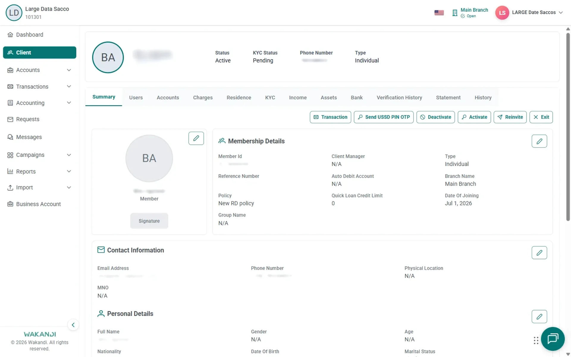 Member Summary tab with header showing Member ID, Full Name, KYC Status Pending, and the Exit button