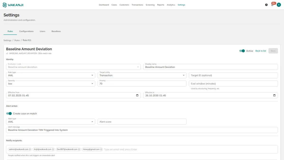 A rule open for editing, with the Identity, Alert action, Conditions and Effectiveness blocks