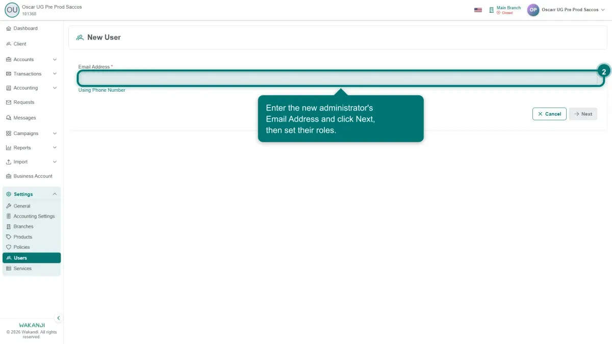 The Add User form, where you fill in the new admin's Email Address, name and phone number, then pick their Role