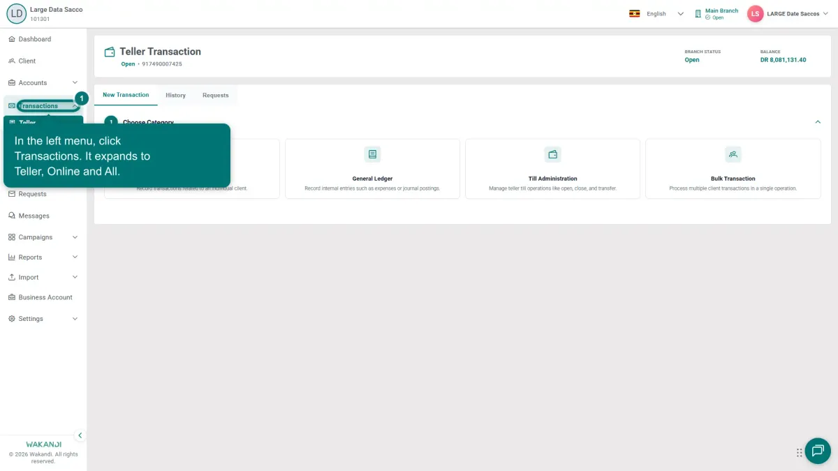 The Teller Transaction page with Transactions highlighted in the left menu