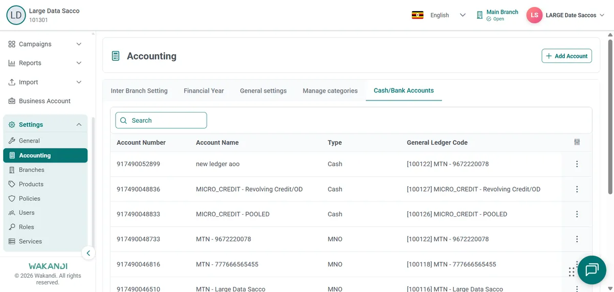 The Settings Accounting page on the Cash/Bank Accounts tab, listing accounts by number, name, type and ledger code