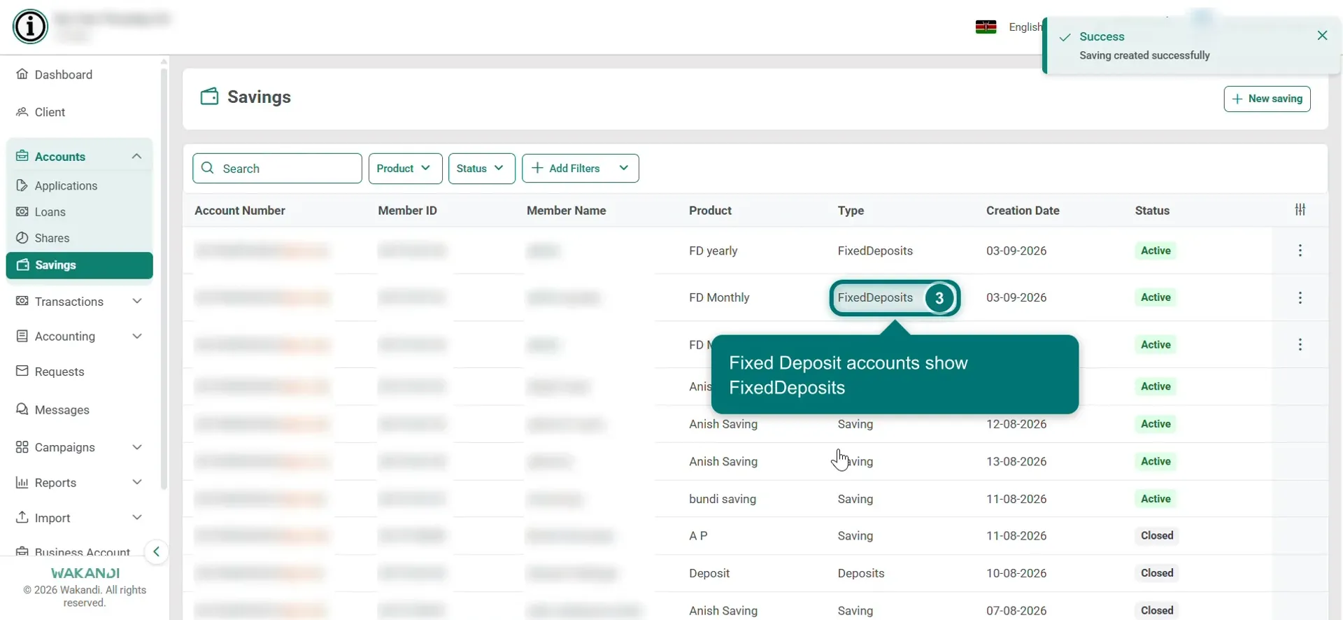 The Savings list with a Fixed Deposit row and its Type column highlighted