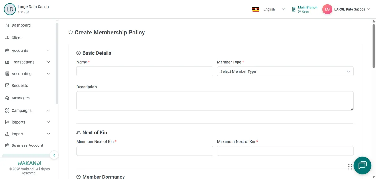Create Membership Policy form showing Basic Details name and member type fields and Next of Kin
