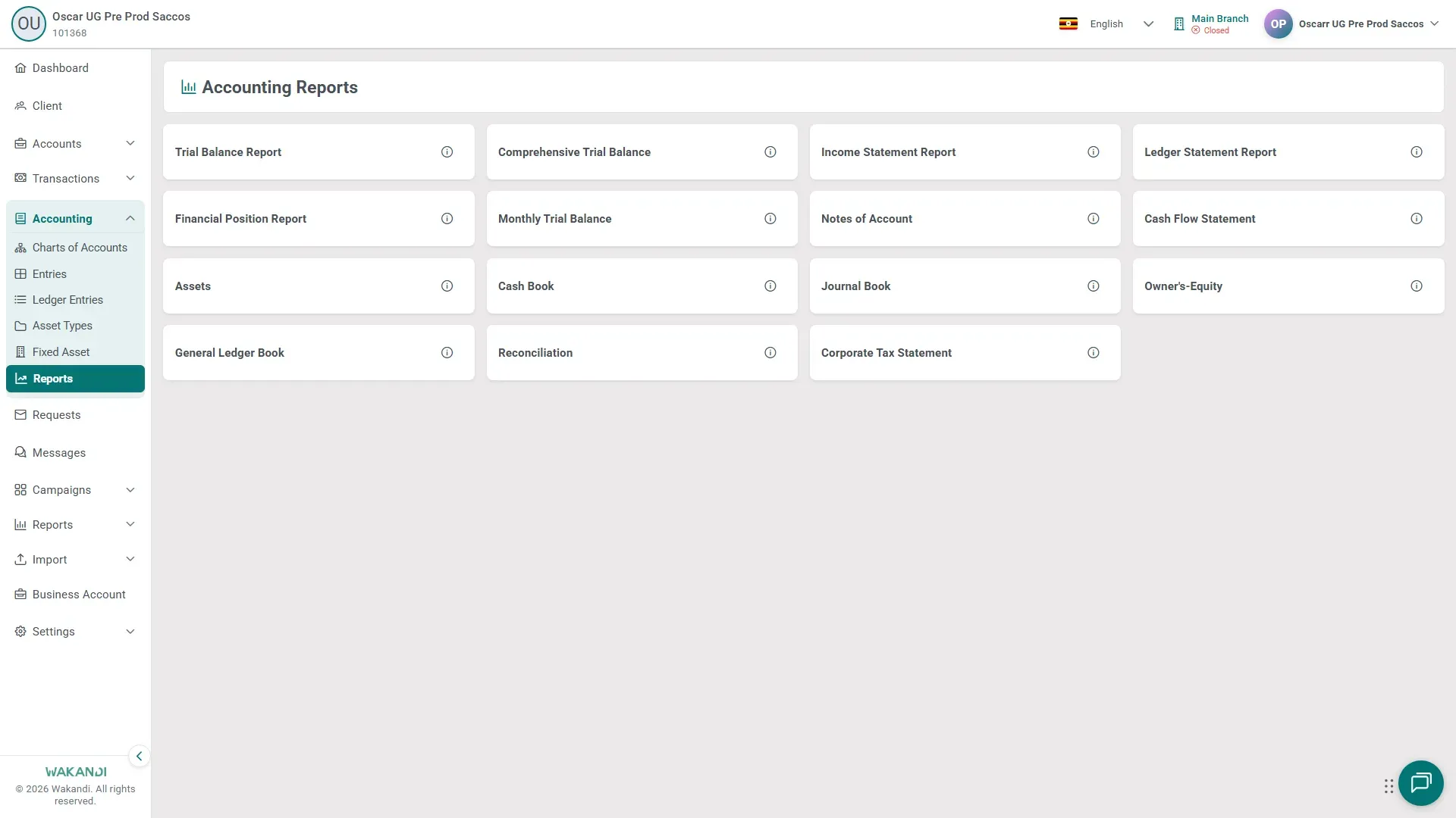 The Accounting Reports screen with its report cards, including Trial Balance Report, Income Statement Report and Financial Position Report